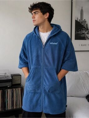 HiTurbo Blue Fleece Hooded Zip-Up Jacket | Cozy & Lightweight Outerwear